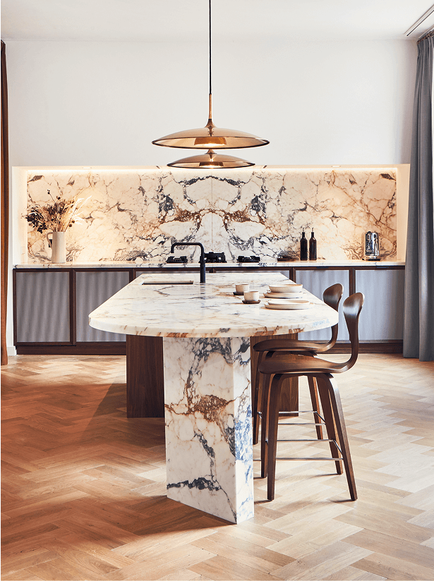 Calacatta Vagli marmeren keukenblad in luxe keuken – Project Amsterdam